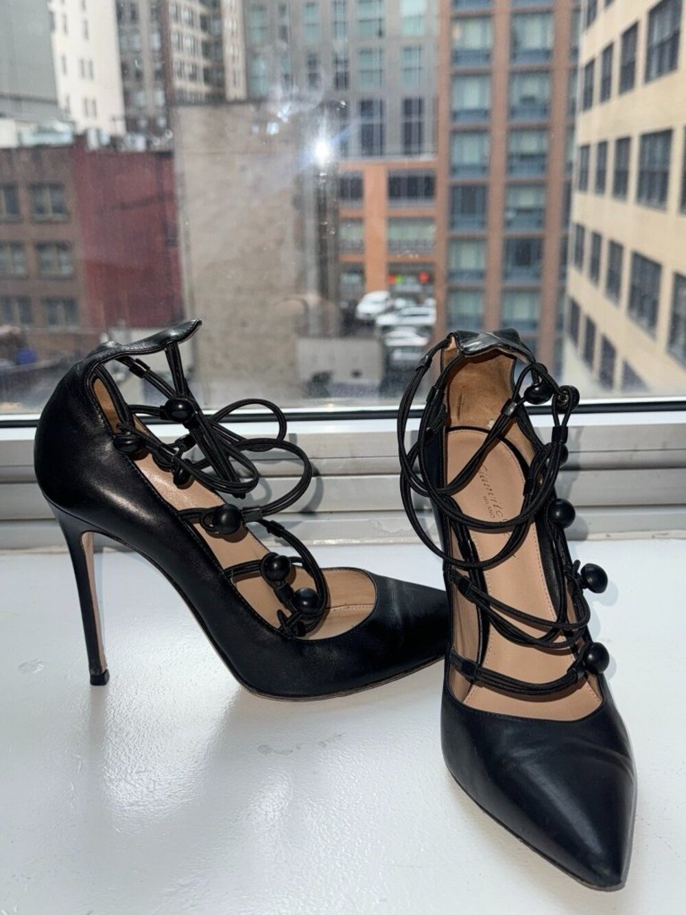 Gianvito Rossi Cage Lace-Up Black Leather Pumps